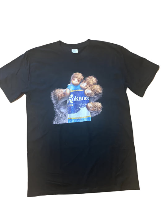 Men's Black Retro T-Shirt- Sasquatch Hand with Kokanee