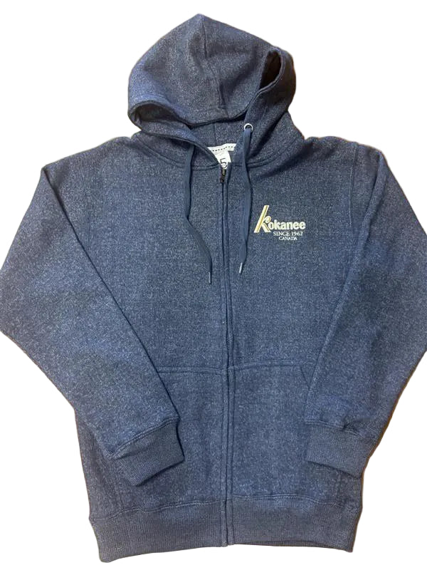 A dark heather gray zip-up hoodie with a drawstring hood and front pockets, laid flat on a light brown wooden surface. The left chest features a small white and yellow graphic logo that reads 'Kokane'.